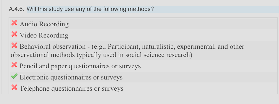 image of the IRB submission form with methods used in study. A.4.6