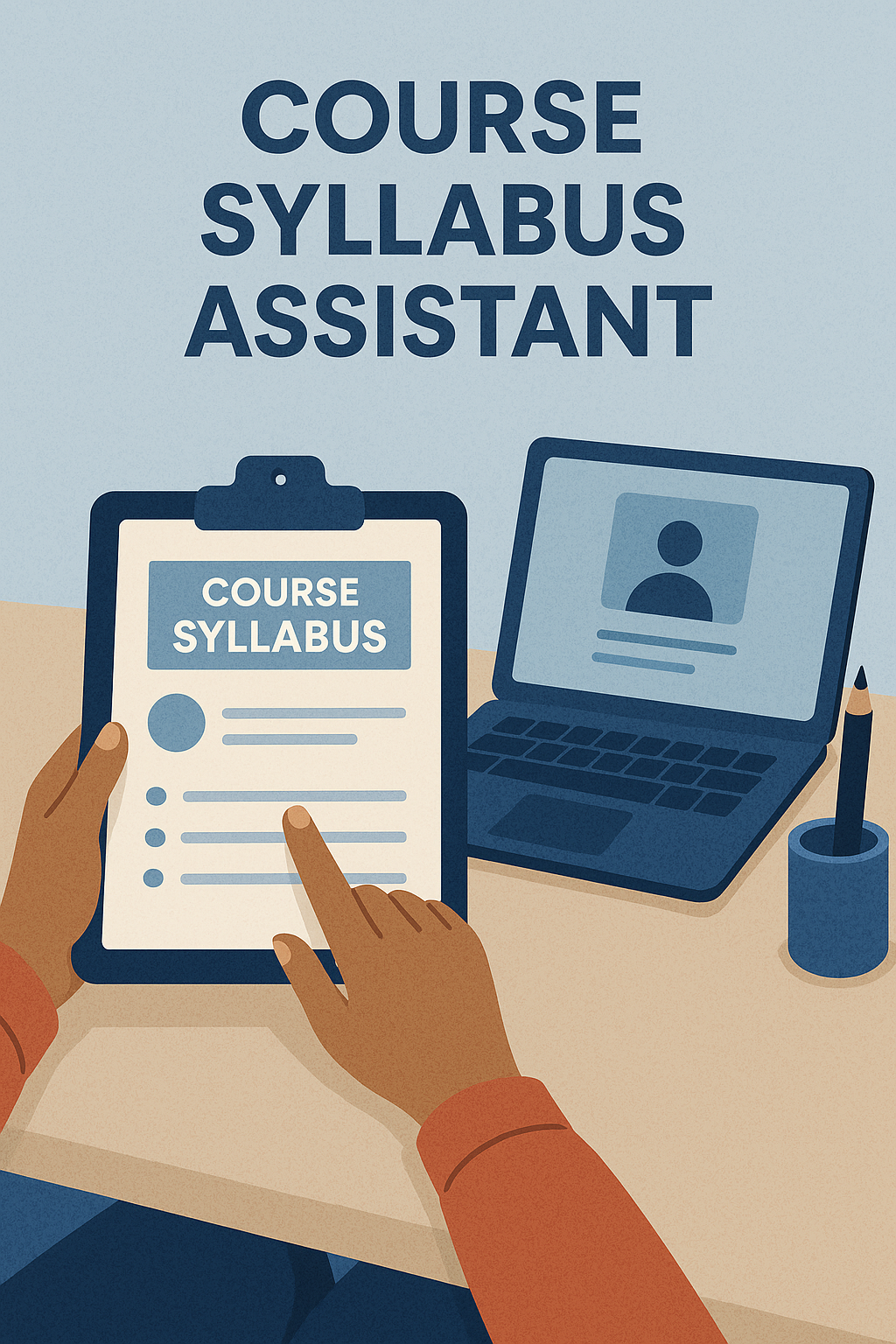 Person pointing at a course syllabus on a clipboard; laptop and pencil nearby.