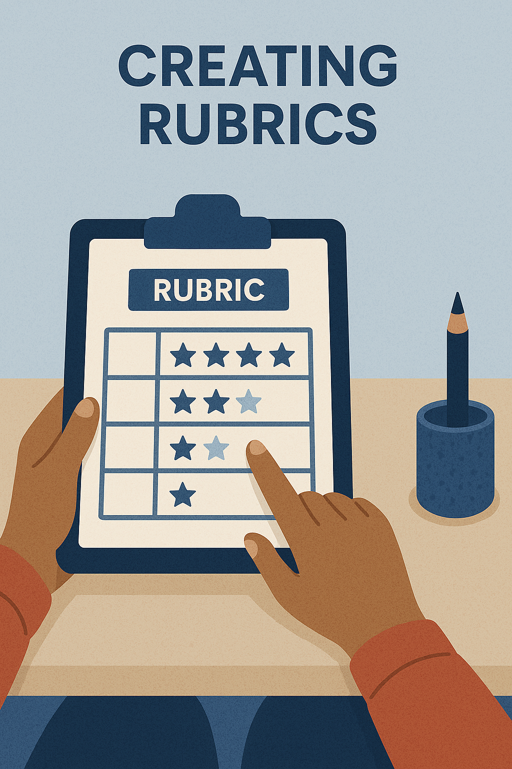 Person interacting with a star-based rubric on a clipboard; pencil holder on desk.