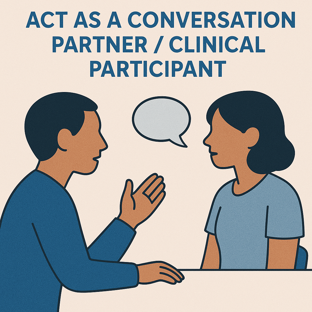 Two people sitting across from each other having a conversation, with a speech bubble between them.