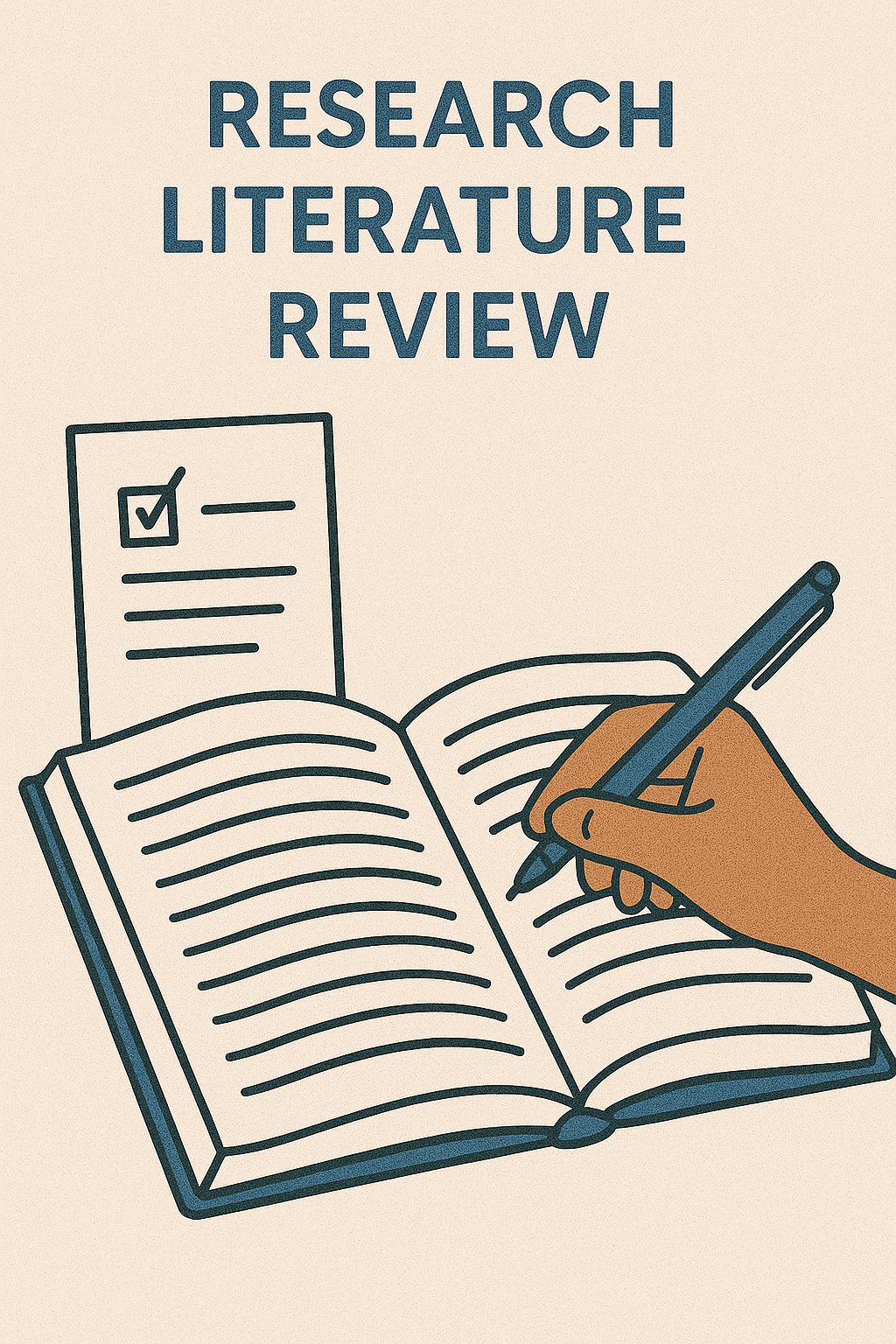 Hand writing in an open book with a checklist nearby, under the heading ‘Research Literature Review.’