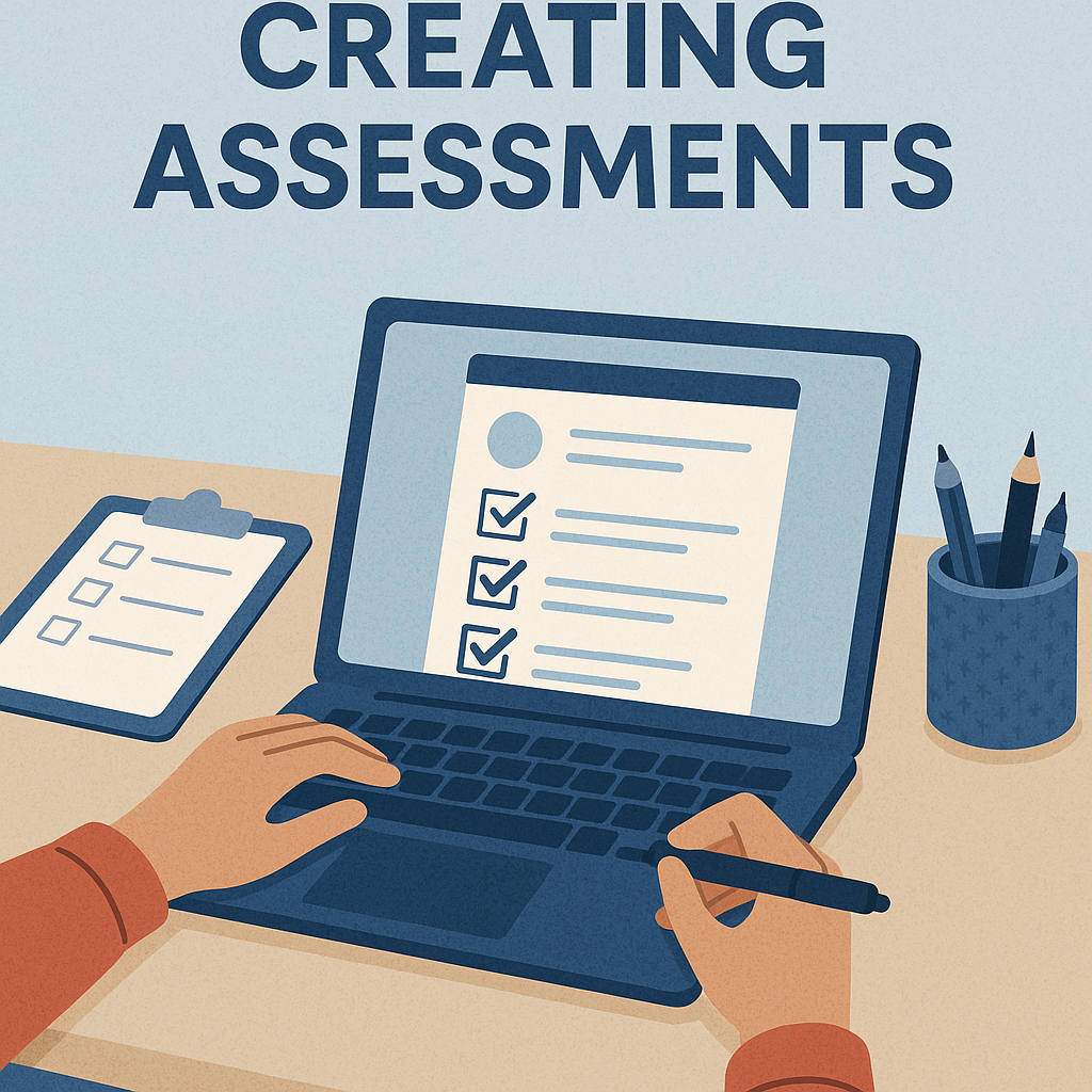 Person using a laptop to create a checklist-style assessment; clipboard and pencils on desk.